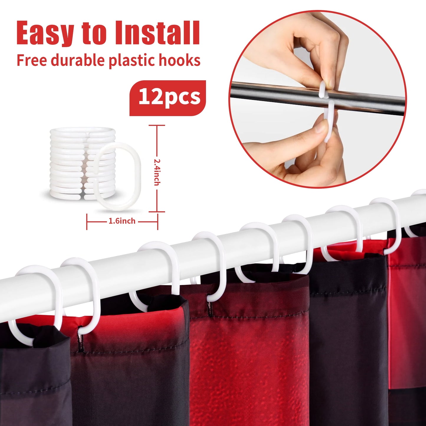 Ikfashoni Red Shower Curtain with Hooks,13pc 3D Cube Waterproof Fabric Bath Curtain, 72"X72"