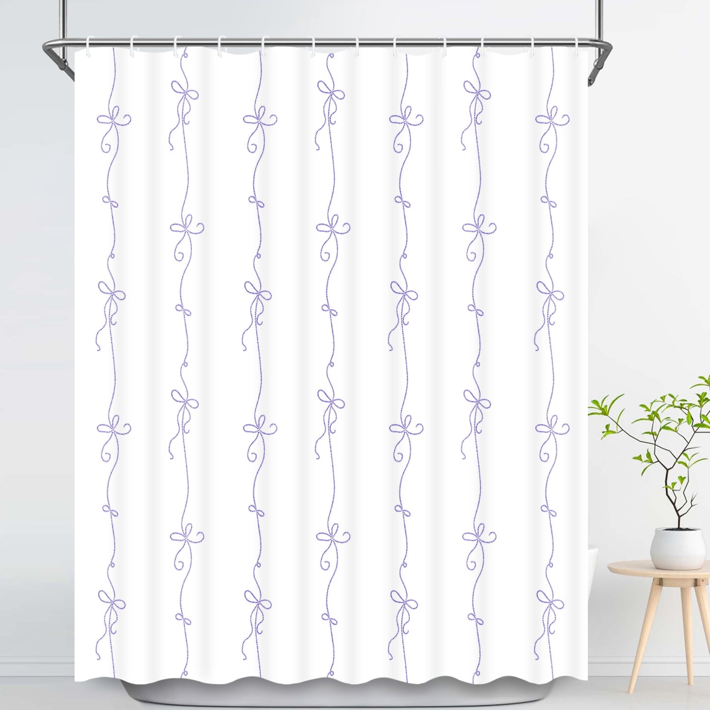 Ikfashoni Purple Bow Shower Curtain with Hooks,13pc Waterproof Fabric Bath Curtain, 72"X72"