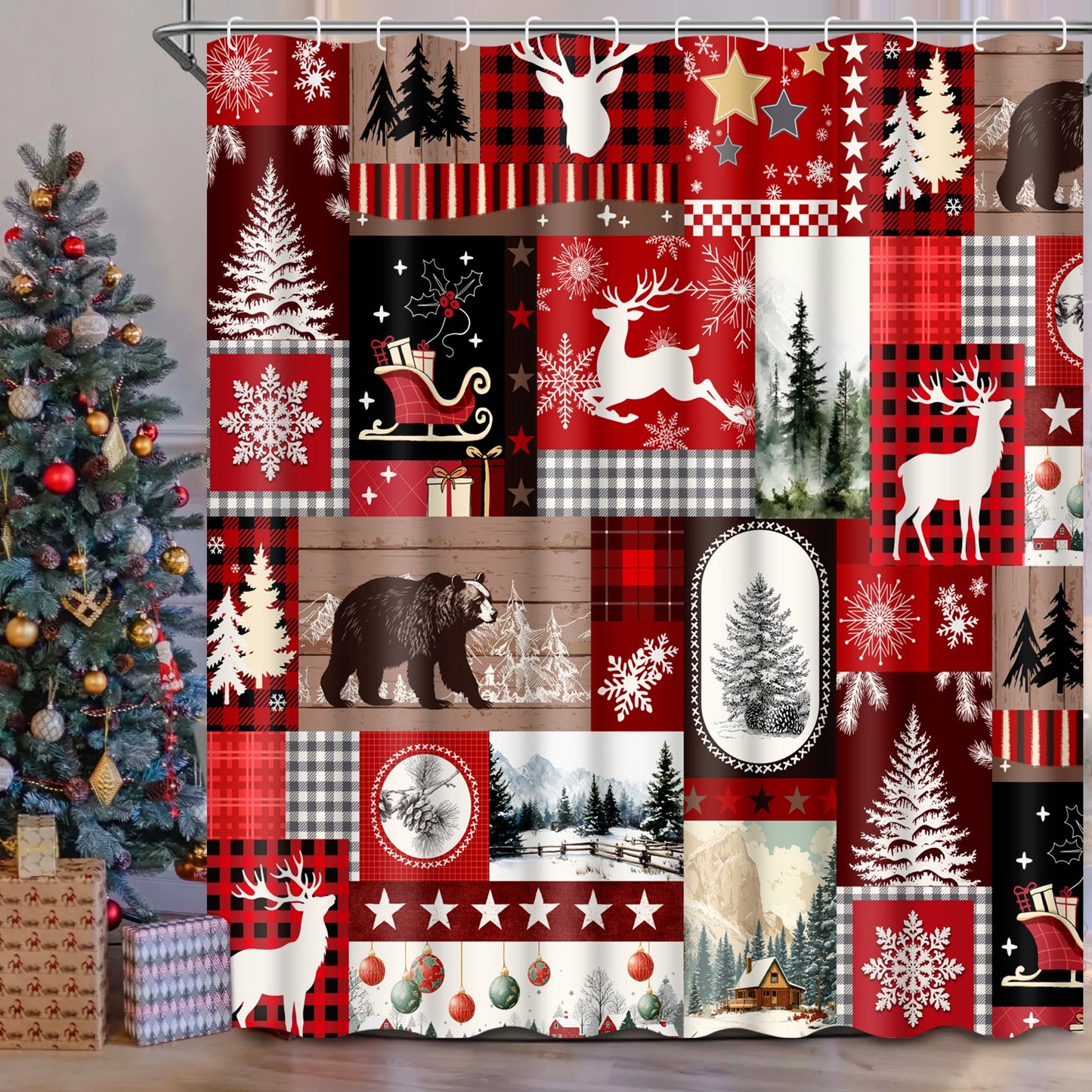 Ikfashoni-Christmas-Shower-Curtain-Buffalo-Plaid-Christmas-Tree-Bathroom-Curtain-with-12-Hooks-70-X69/17330758490