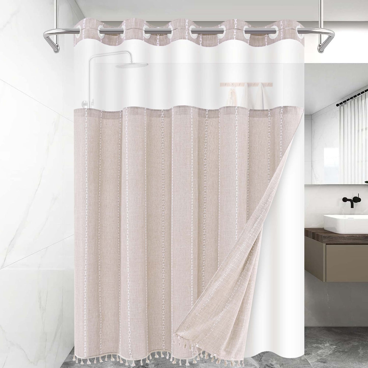 Ikfashoni No Hook Shower Curtain with Snap in Liner,Cotton Linen Fabric Hookless Waterproof Bath Curtain, 71"X74"