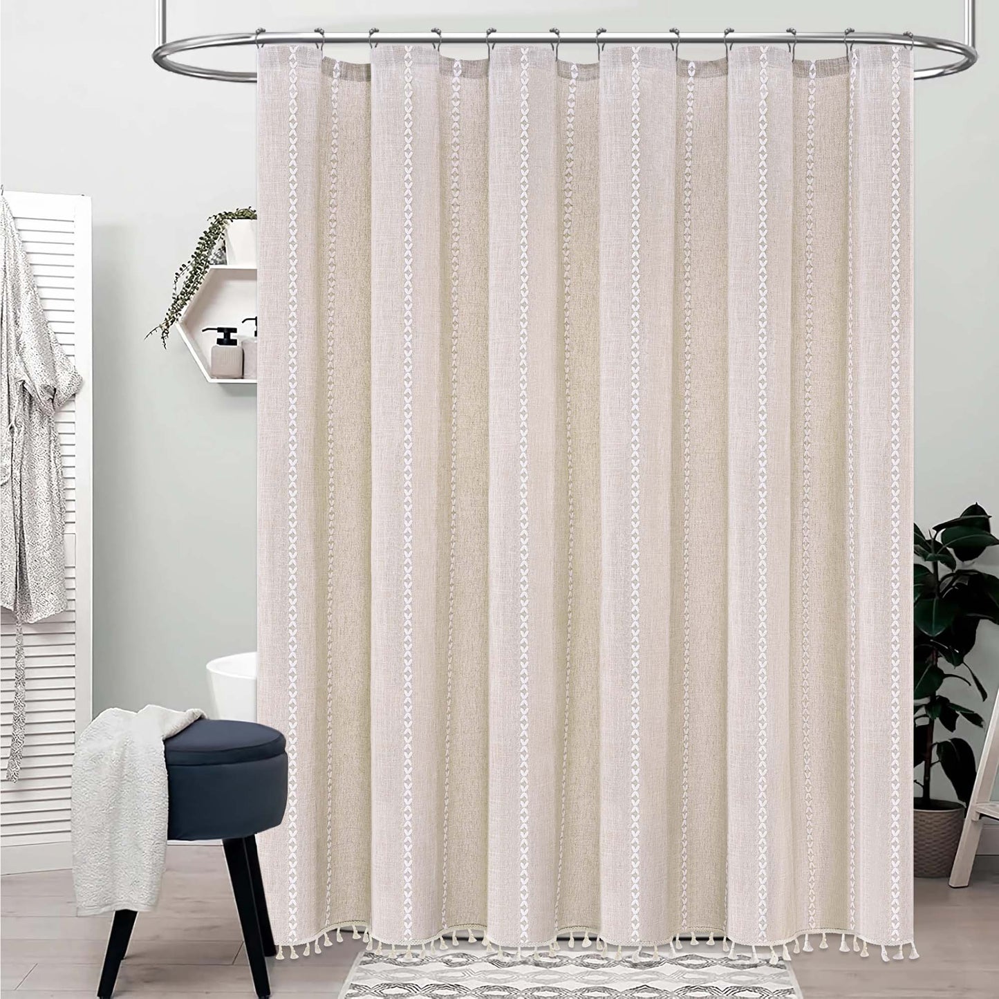 Ikfashoni No Hook Shower Curtain with Snap in Liner,Cotton Linen Fabric Hookless Waterproof Bath Curtain, 71"X74"