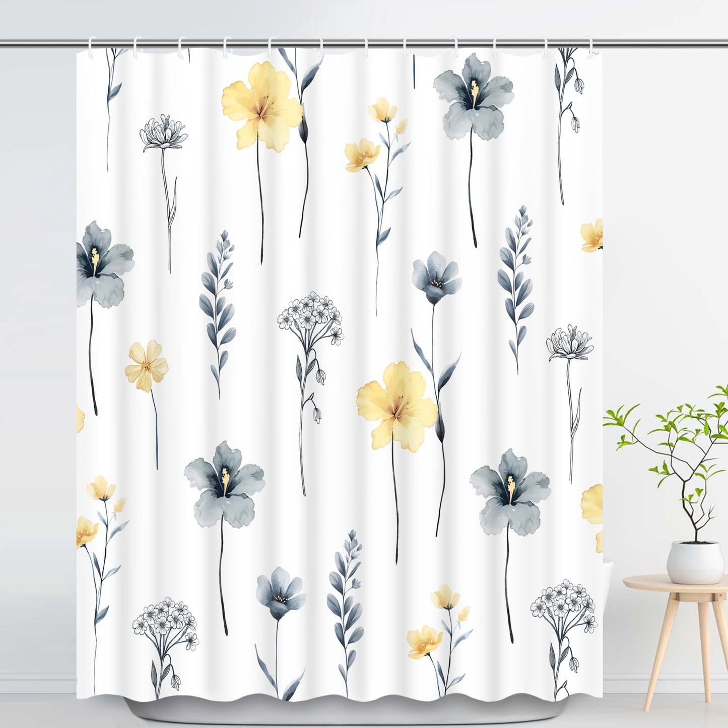 Ikfashoni Yellow Flowers Shower Curtain with Hooks,13pc Waterproof Fabric Bathroom Curtain, 72"X72"