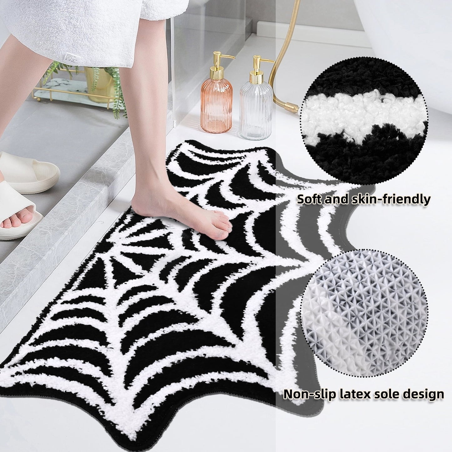 Ikfashoni Halloween Bathroom Rug,Black Cobweb Bath Mat,Extra Soft Fluffy Absorbent Non-slip Bath Rug,20"x31"
