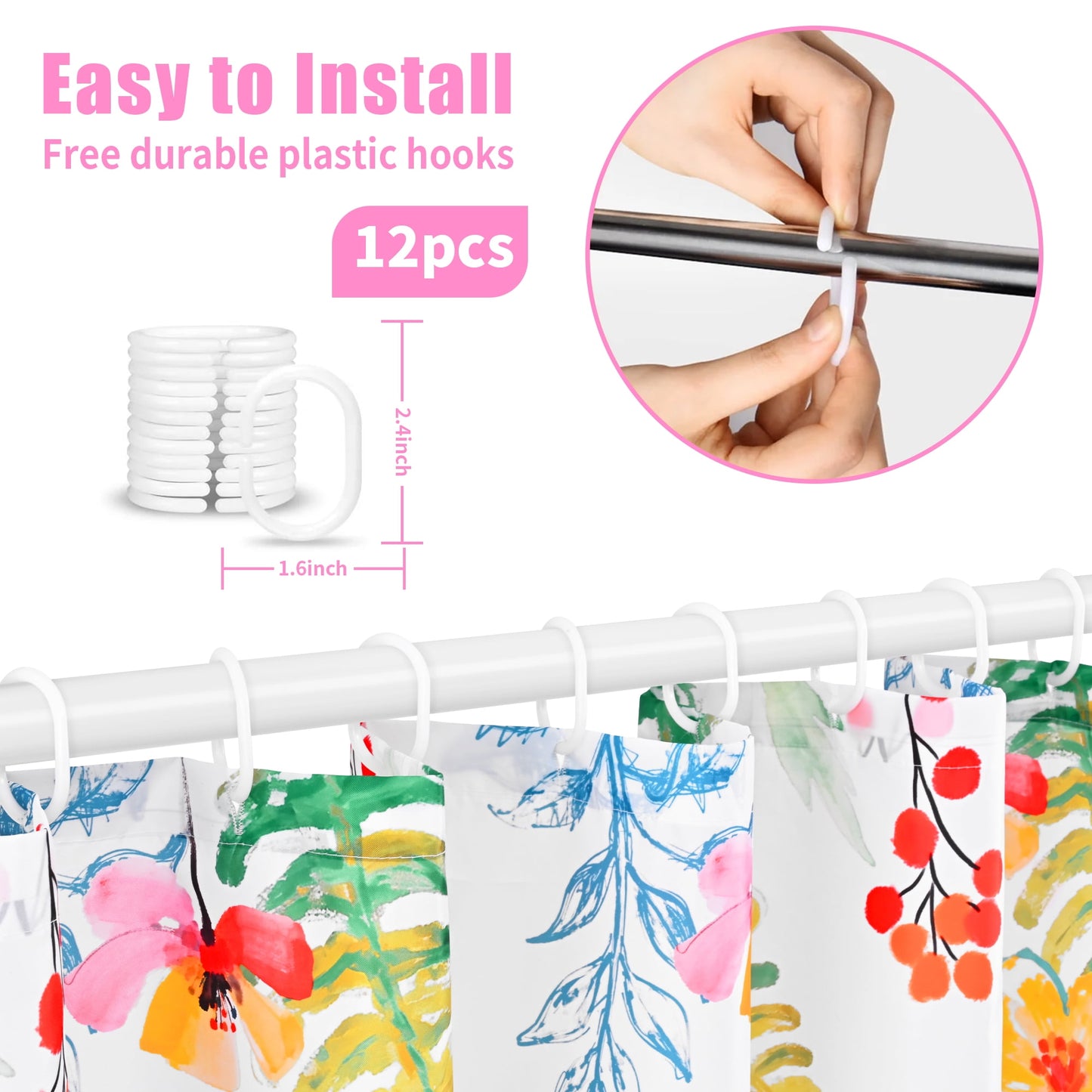 Ikfashoni Colorful flower Shower Curtain with Hooks,13pc Spring Waterproof Fabric Bathroom Curtain, 72"X72"