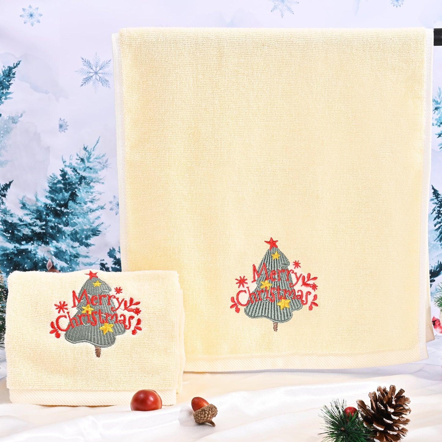 Ikfashoni 2 Pack Christmas Hand Towel for Bathroom, Embroidered Snowman White Scroll Cotton Towels