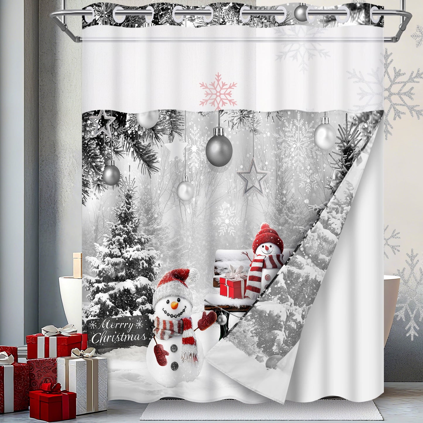 Ikfashoni Christmas Shower Curtain with Snap in Liner, Gray Snowman No Hook Waterproof Bath Curtain, 71"X74"