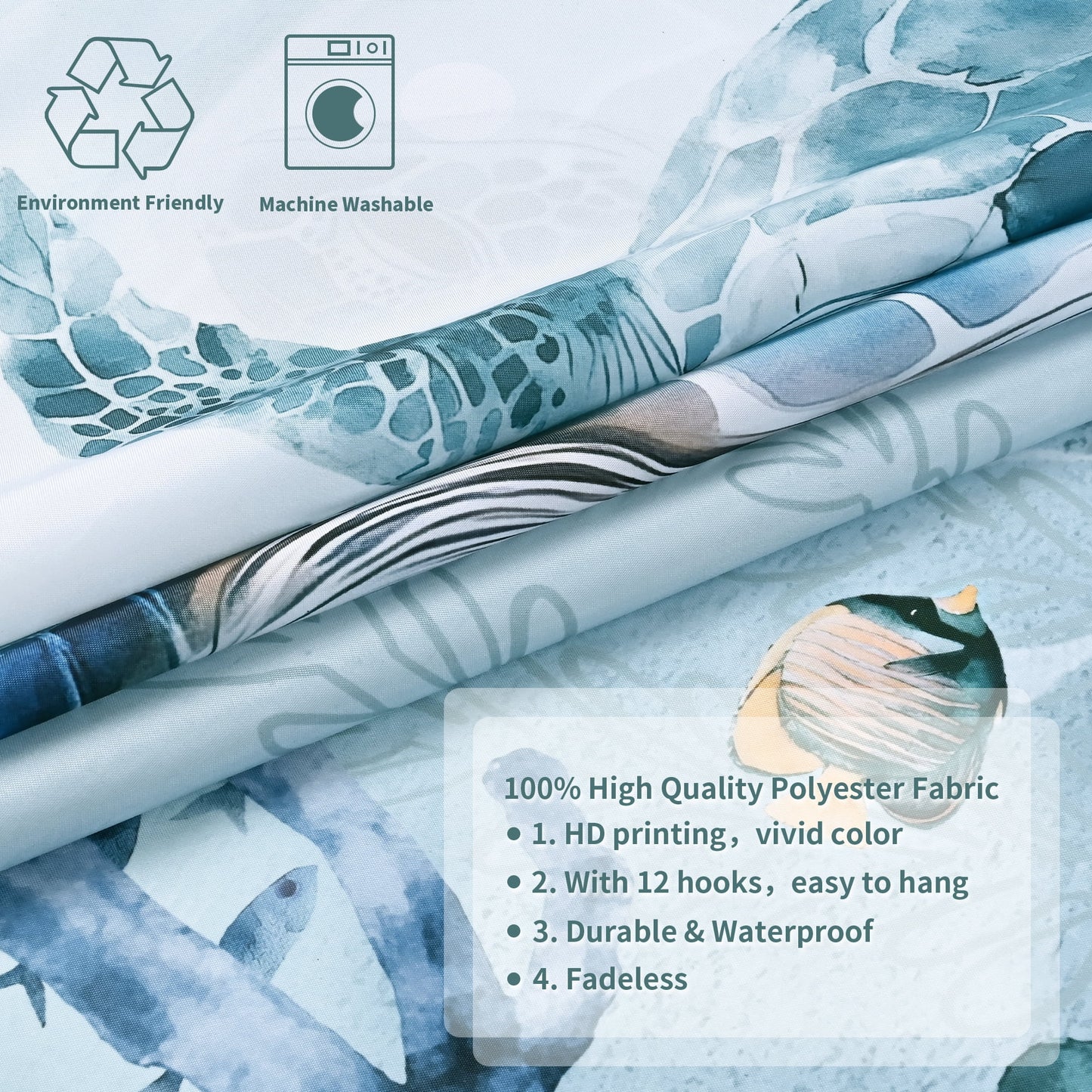 Ikfashoni Ocean Shower Curtain with Hooks,13pc Turtle Waterproof Fabric Bathroom Curtain, 72"X72"