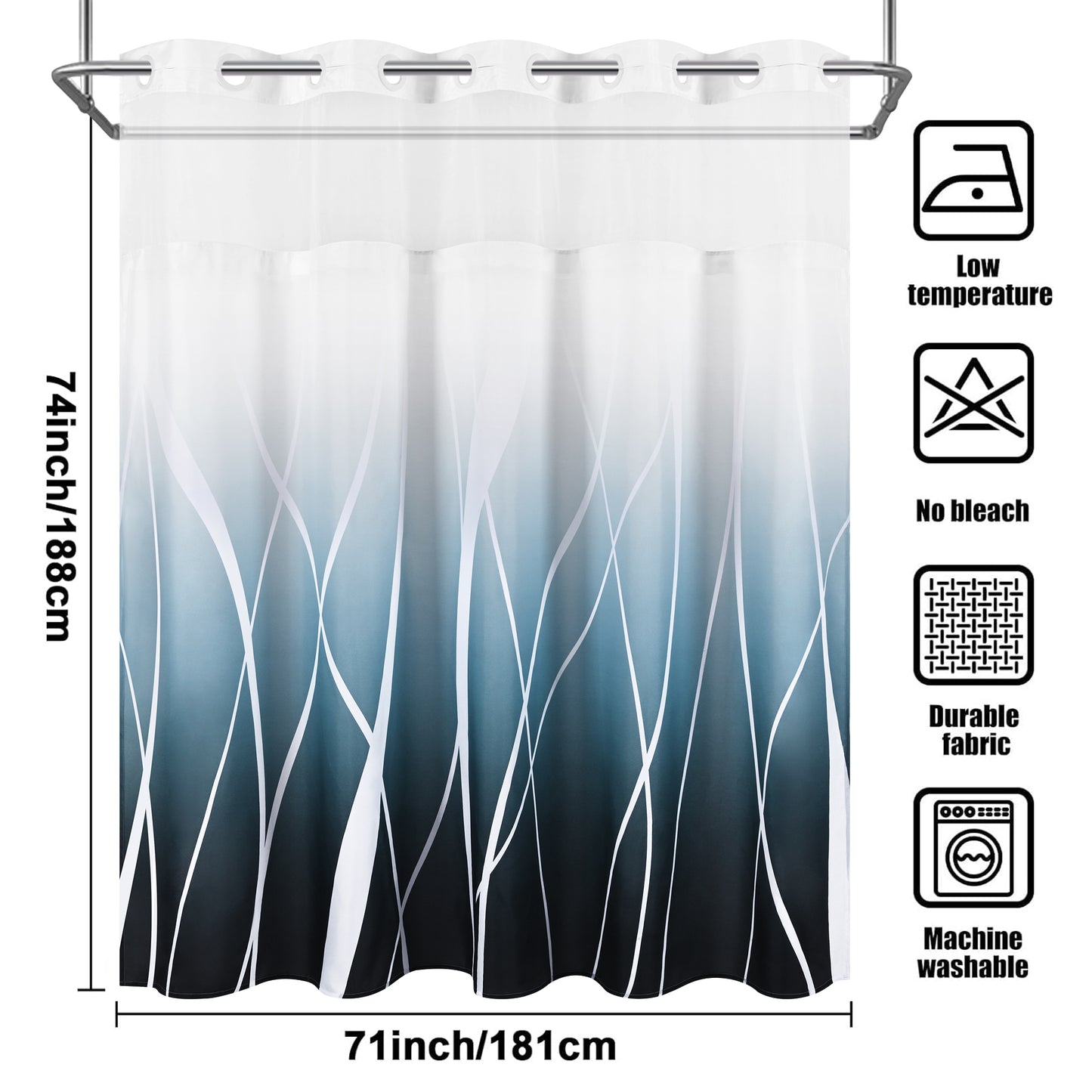 Ikfashoni No Hook Shower Curtain with Snap in Liner, Navy Strip Ombre Hookless Waterproof Bath Curtain, 71"X74"