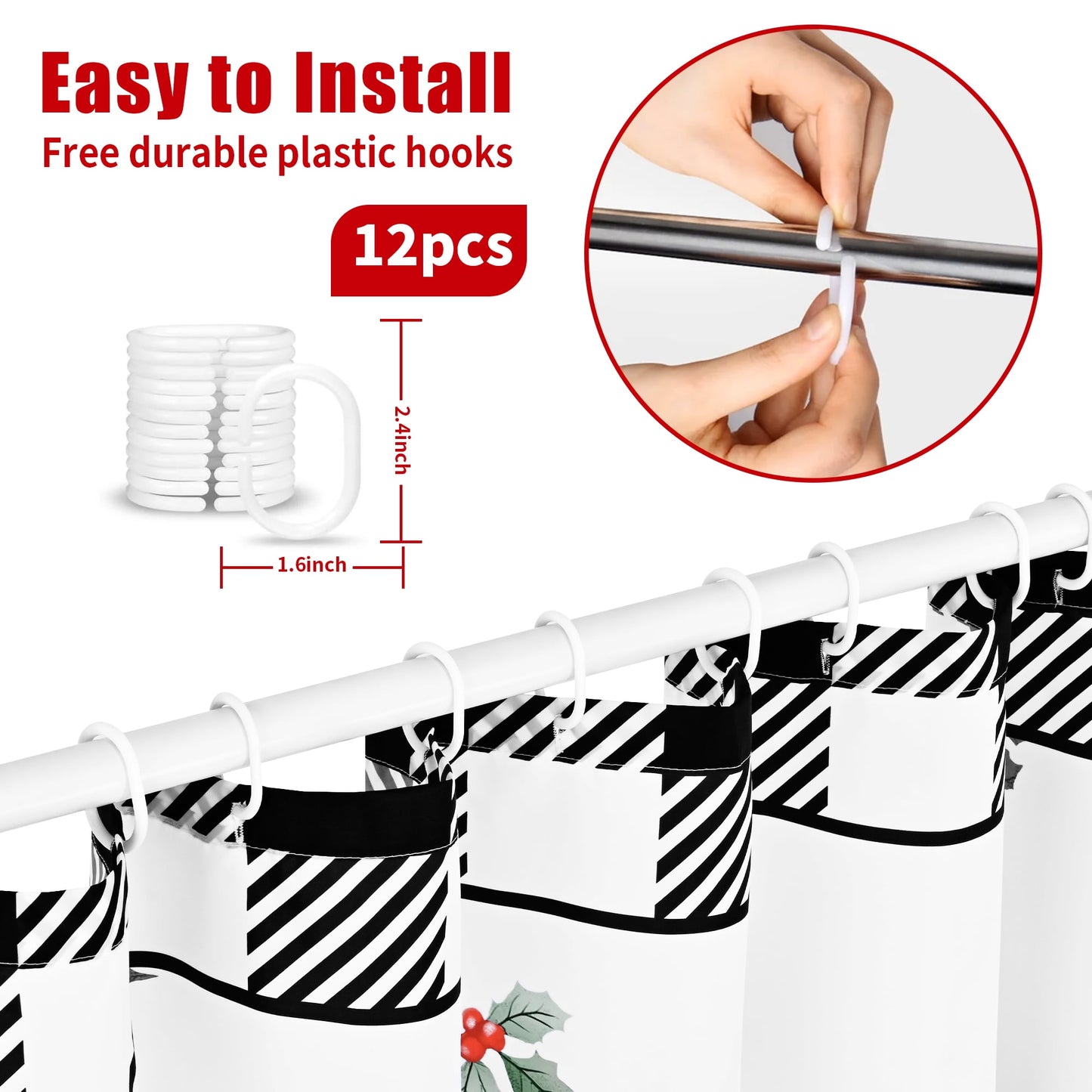 Ikfashoni Christmas Tree Shower Curtain with Hooks, Black and White Grid Waterproof Fbric Bathroom Curtains, 72"X72"