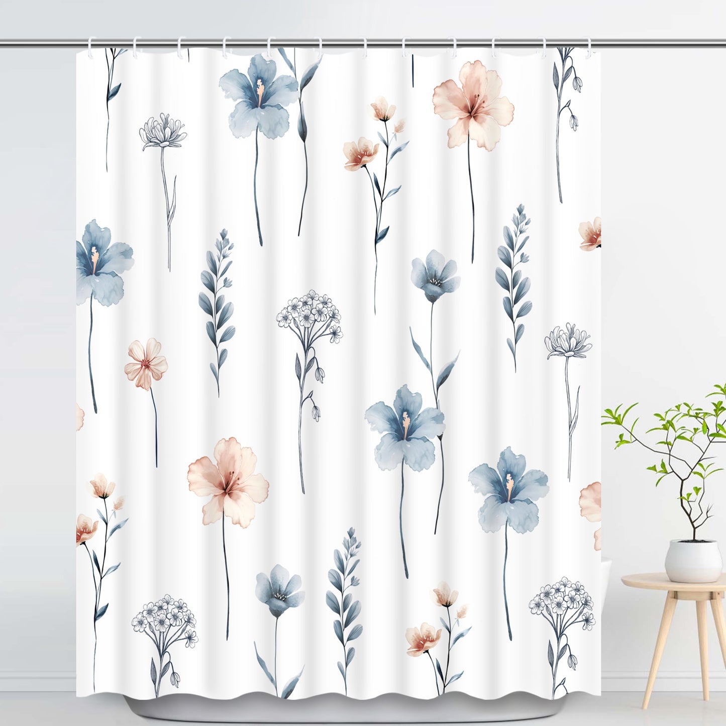 Ikfashoni Blue Flowers Shower Curtain with Hooks,13pc Waterproof Fabric Bathroom Curtain, 72"X72"