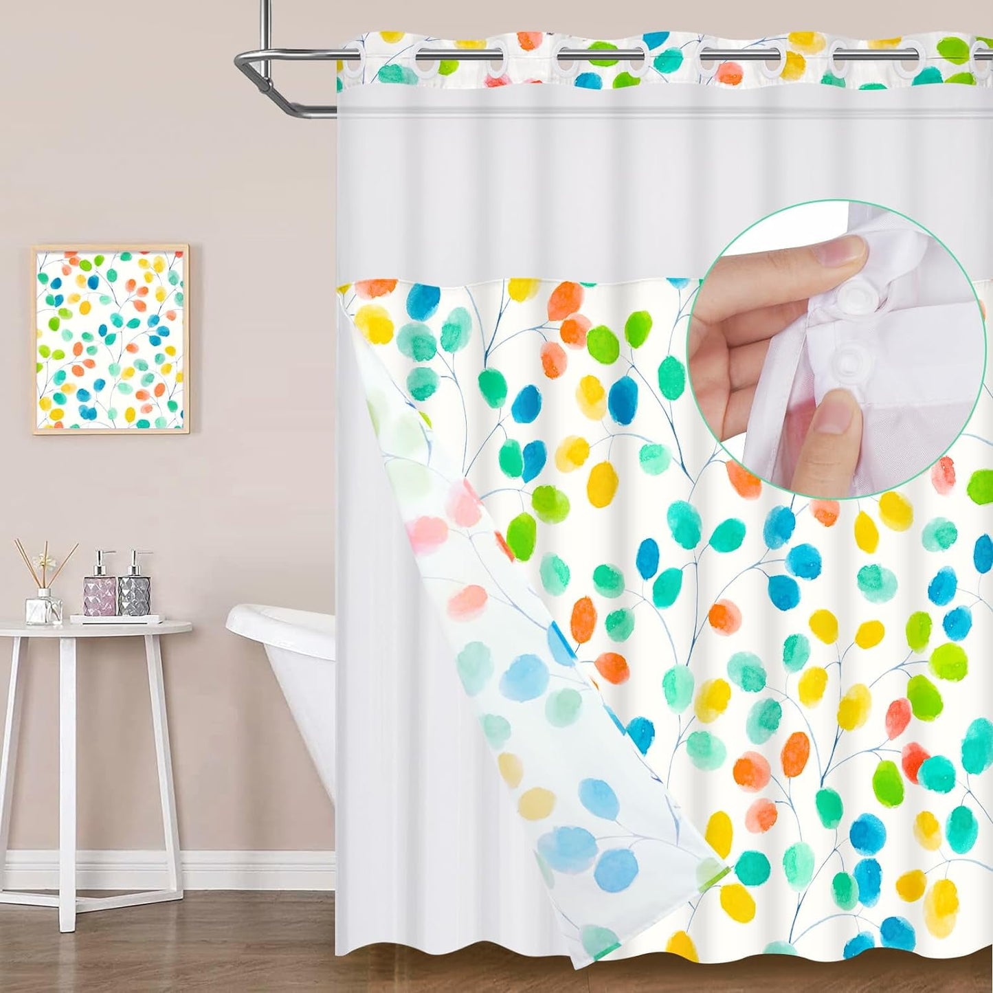 Ikfashoni No Hook Fabric Shower Curtain with Snap in Liner, See Through Window Waterproof Hookless Shower Curtain Set, 71"X74"