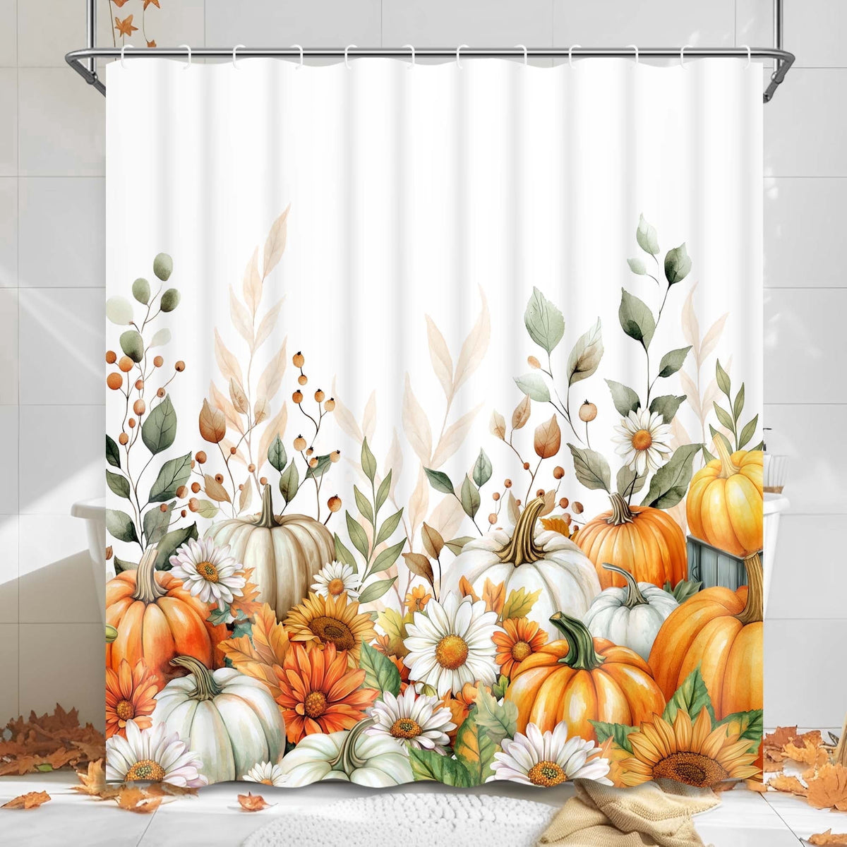 Ikfashoni Fall Shower Curtain with Hooks, Orange Pumpkin Waterproof Bathroom Curtains, 72"X72"