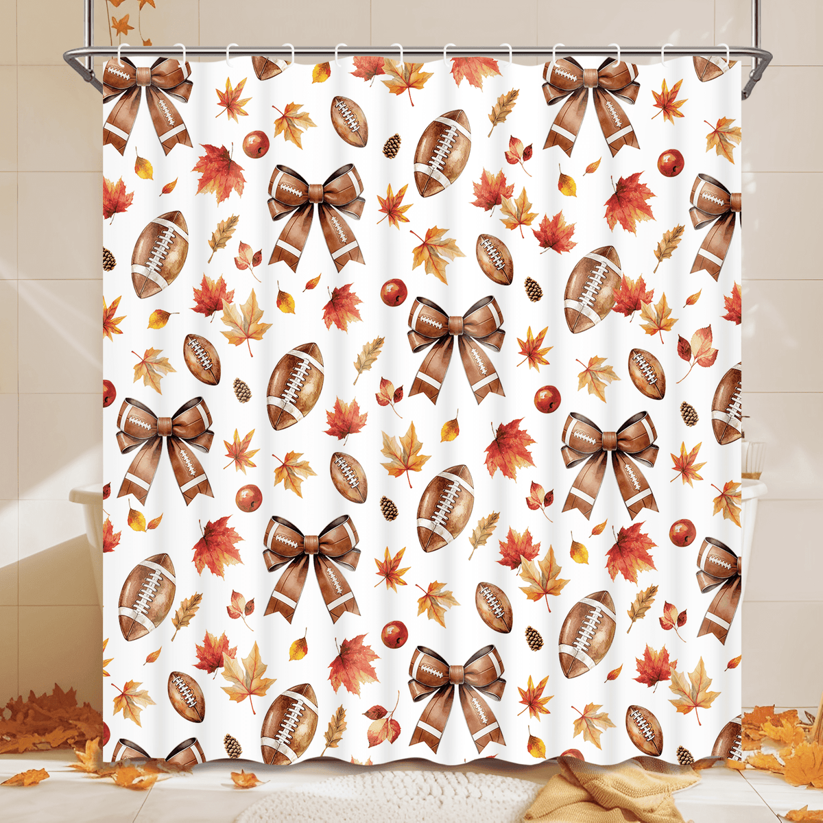 Ikfashoni Fall Shower Curtain with Hooks, Orange Rugby Bow Waterproof Bathroom Curtains, 72"X72"