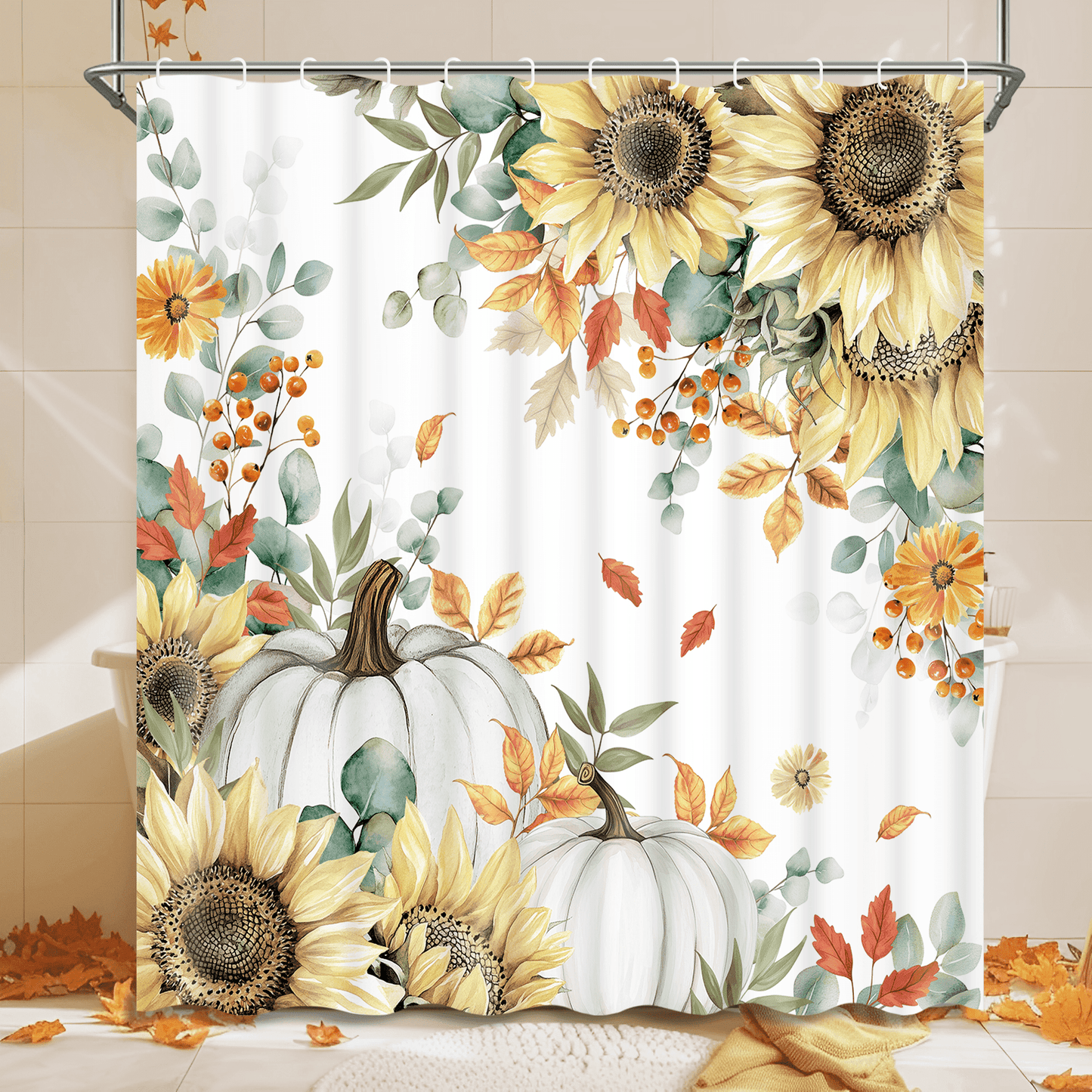 Ikfashoni Fall Shower Curtain with Hooks, White Pumpkin Sunflowers Waterproof Bathroom Curtains, 72"X72"