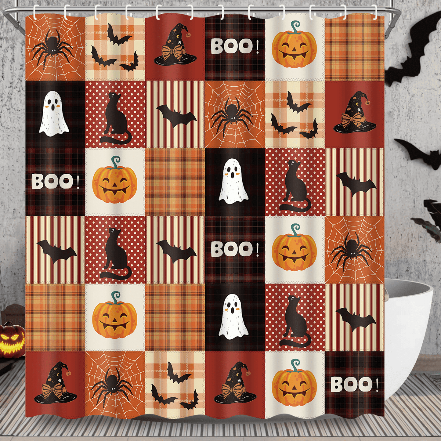 Ikfashoni Halloween Shower Curtain with Hooks, Buffalo Plaid Pumpkin Waterproof Bathroom Curtains, 72"X72"