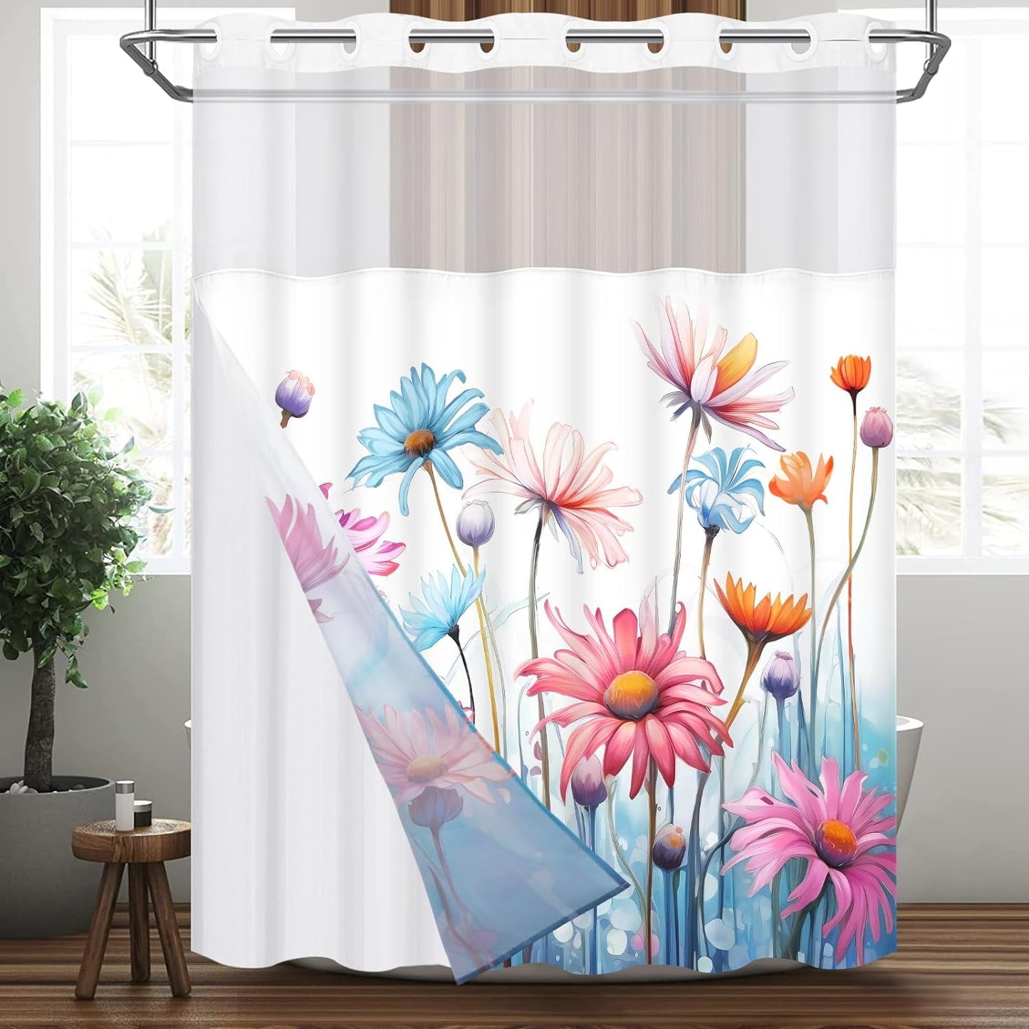Ikfashoni Hookless Shower Curtain with Snap in Liner, White Boho Floral Waterproof Fabric Mesh Window Bath Curtain, 71"X74"