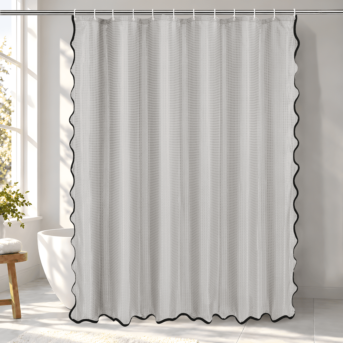 Ikfashoni Scalloped Shower Curtain with Hooks,Waterproof Waffle Fabric Bathroom Curtain with Black Border, White
