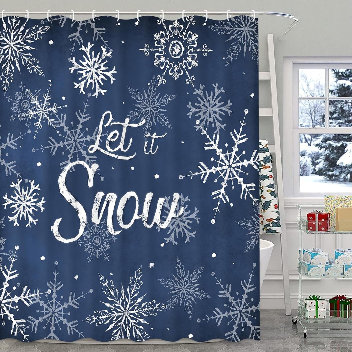 Ikfashoni Winter Christmas Shower Curtain,Navy Blue Snowflake Waterproof Fabric Bathroom Decor for Christmas,70"X69"