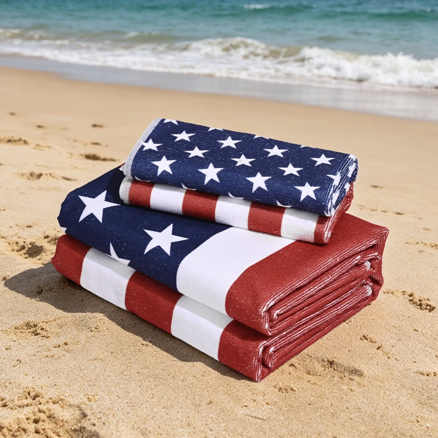 Ikfashoni American Flag Beach Towel and Hand Towel Set, Patriotic Stars Stripes Soft Absorbent Towels