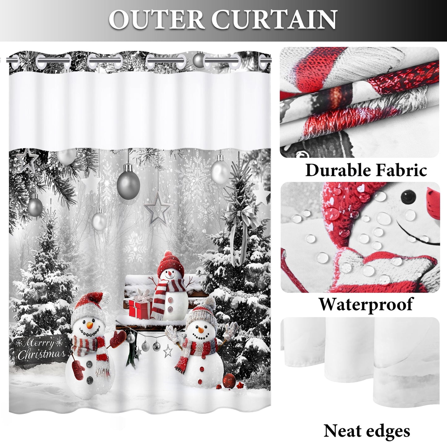 Ikfashoni Christmas Shower Curtain with Snap in Liner, Gray Snowman No Hook Waterproof Bath Curtain, 71"X74"