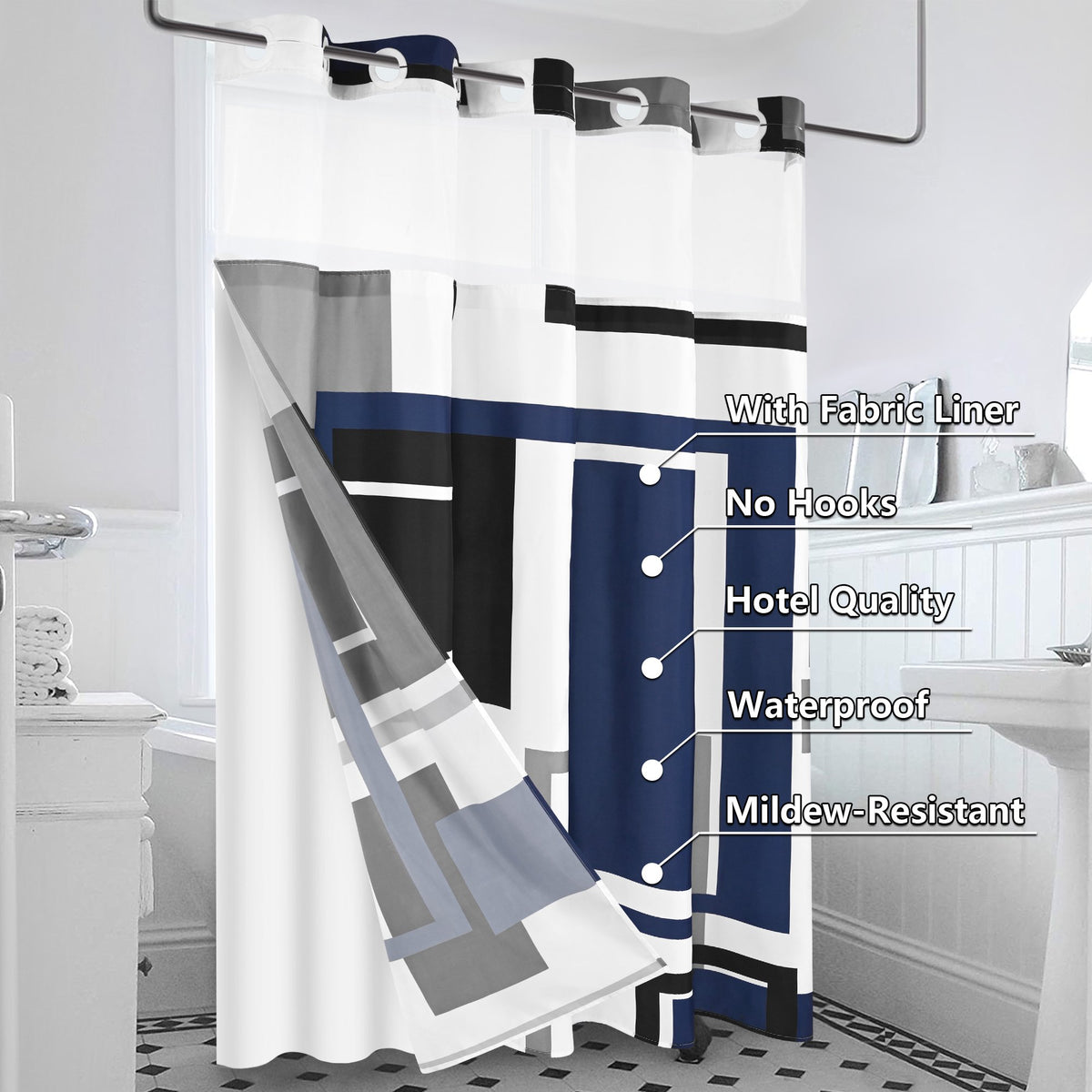 Ikfashoni Hookless Shower Curtain with Snap in Liner, Blue Geometric No Hook Waterproof Bath Curtain, 71"X74"