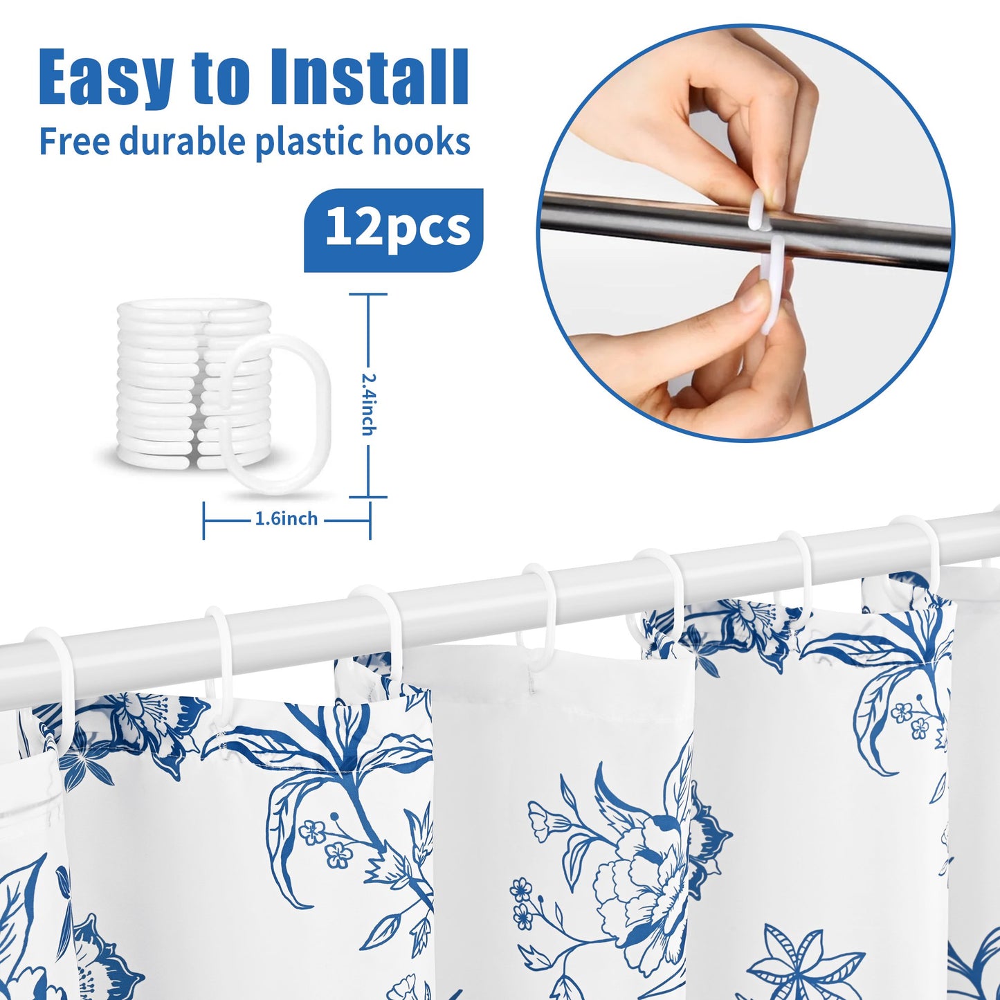 Ikfashoni Blue Flowers Shower Curtain with Hooks,13pc Waterproof Fabric Bathroom Curtain, 72"X72"