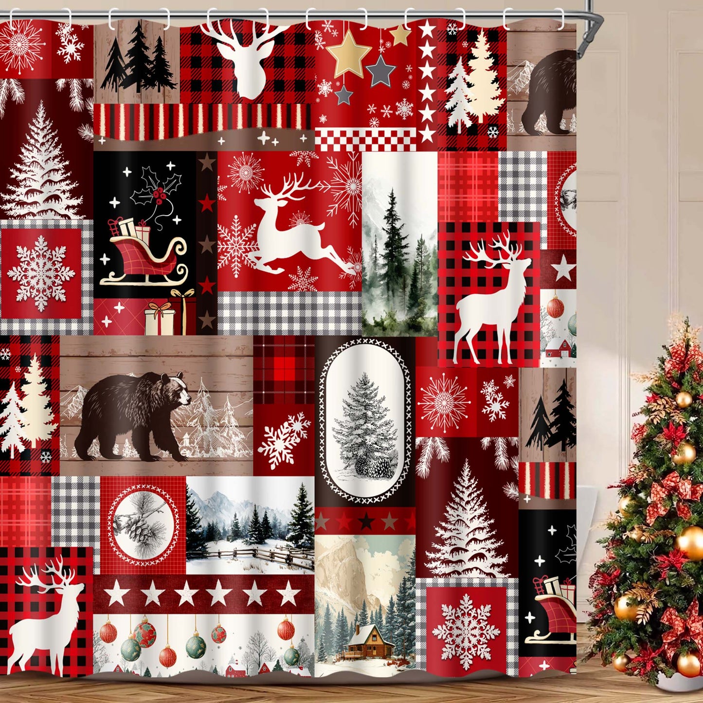 Ikfashoni-Christmas-Shower-Curtain-Buffalo-Plaid-Christmas-Tree-Bathroom-Curtain-with-12-Hooks-70-X69/17330758490