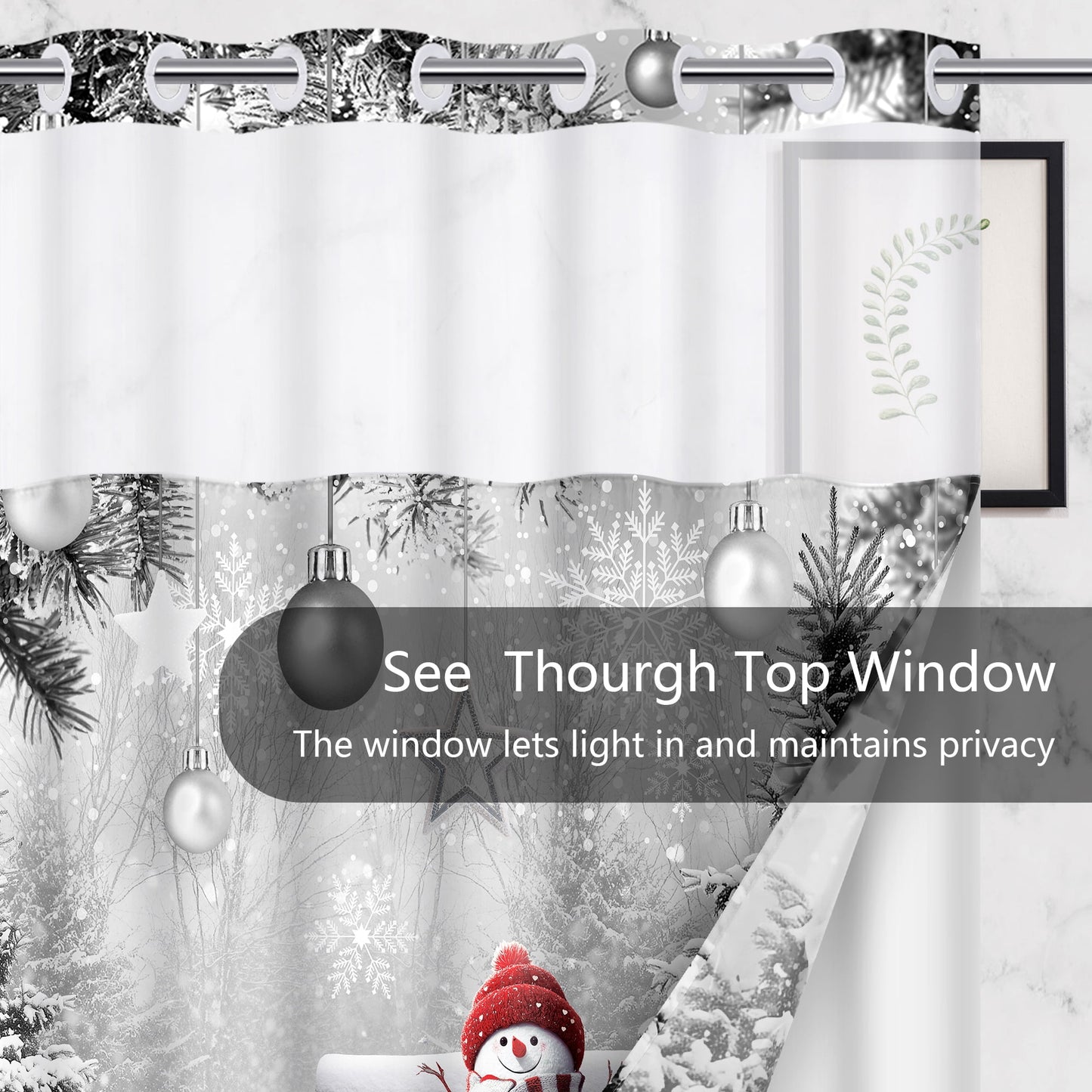 Ikfashoni Christmas Shower Curtain with Snap in Liner, Gray Snowman No Hook Waterproof Bath Curtain, 71"X74"