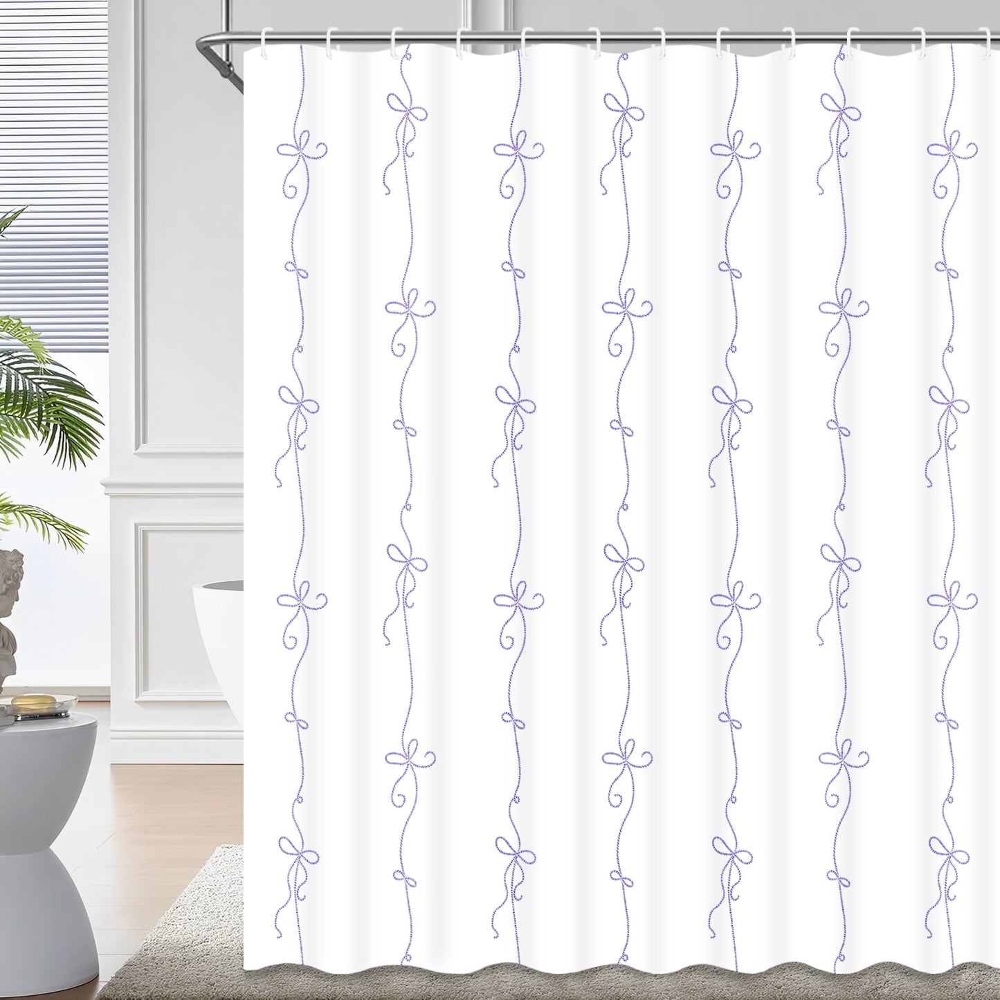 Ikfashoni Purple Bow Shower Curtain with Hooks,13pc Waterproof Fabric Bath Curtain, 72"X72"
