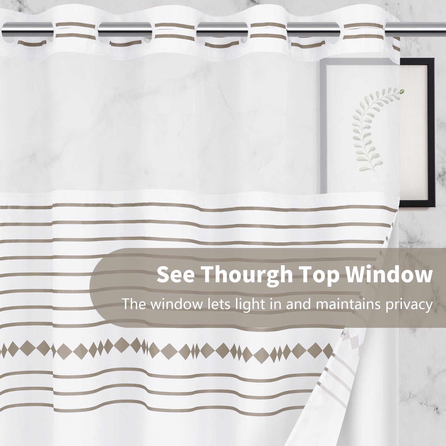 Ikfashoni Hookless Shower Curtain with Snap in Liner, Brown Strip No Hook Waterproof Bath Curtain, 71"X74"