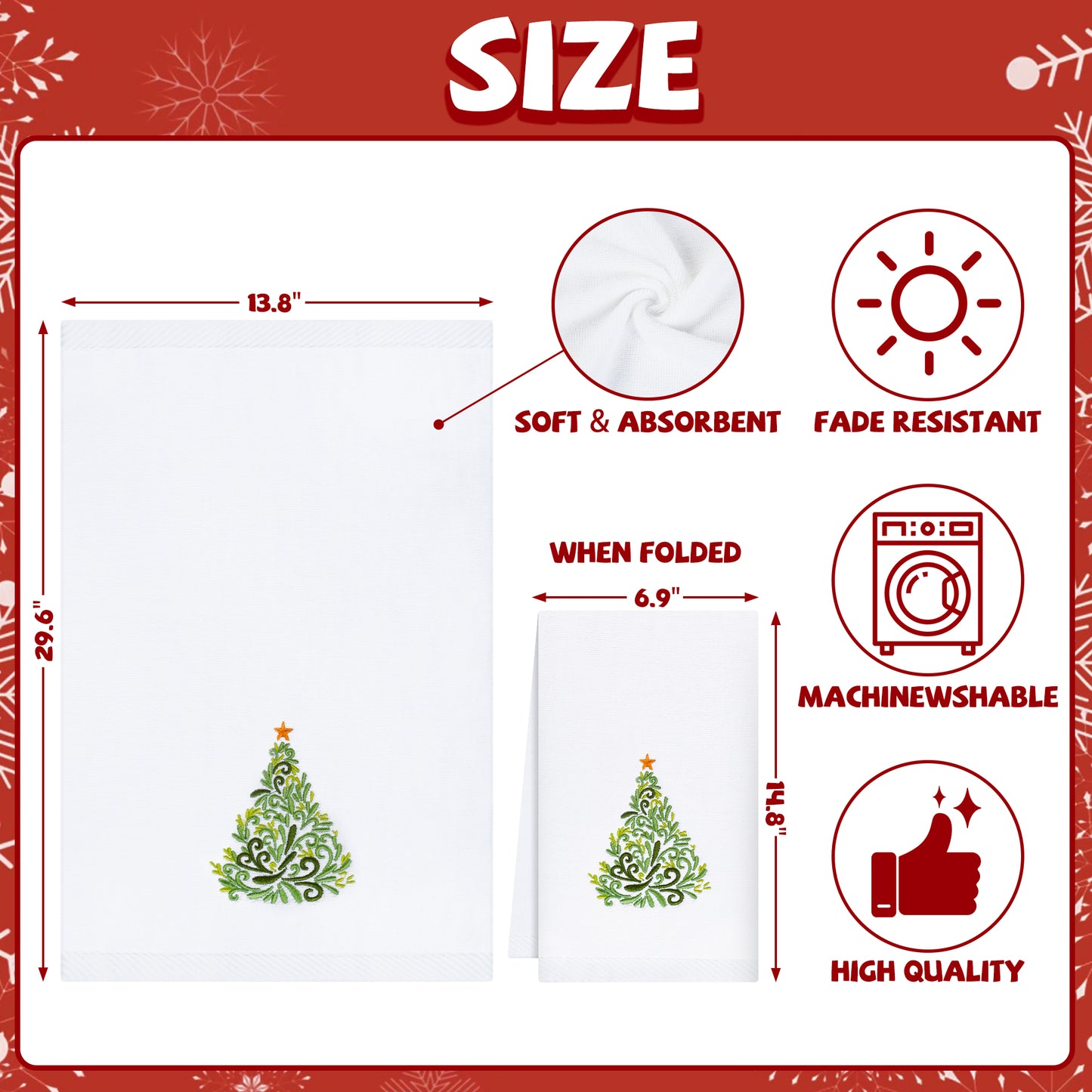 Ikfashoni 2 Pack Christmas Hand Towel for Bathroom,Embroidered Christmas Tree Red Scroll Cotton Towels