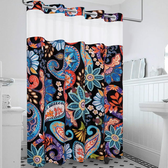 Ikfashoni Paisley Hookless Shower Curtain with Snap in Liner,Black Boho Waterproof Fabric Mesh Window Bath Curtain, 71"X74"