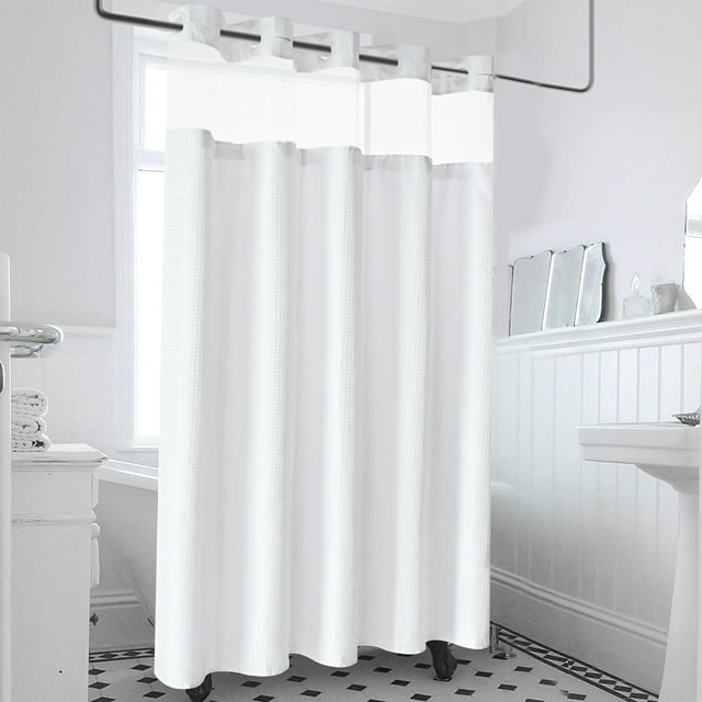 Ikfashoni White Hookless Fabric Shower Curtain with Snap in Liner,Waffle Weave Waterproof Mesh Window Bathroom Curtain,72"X72"