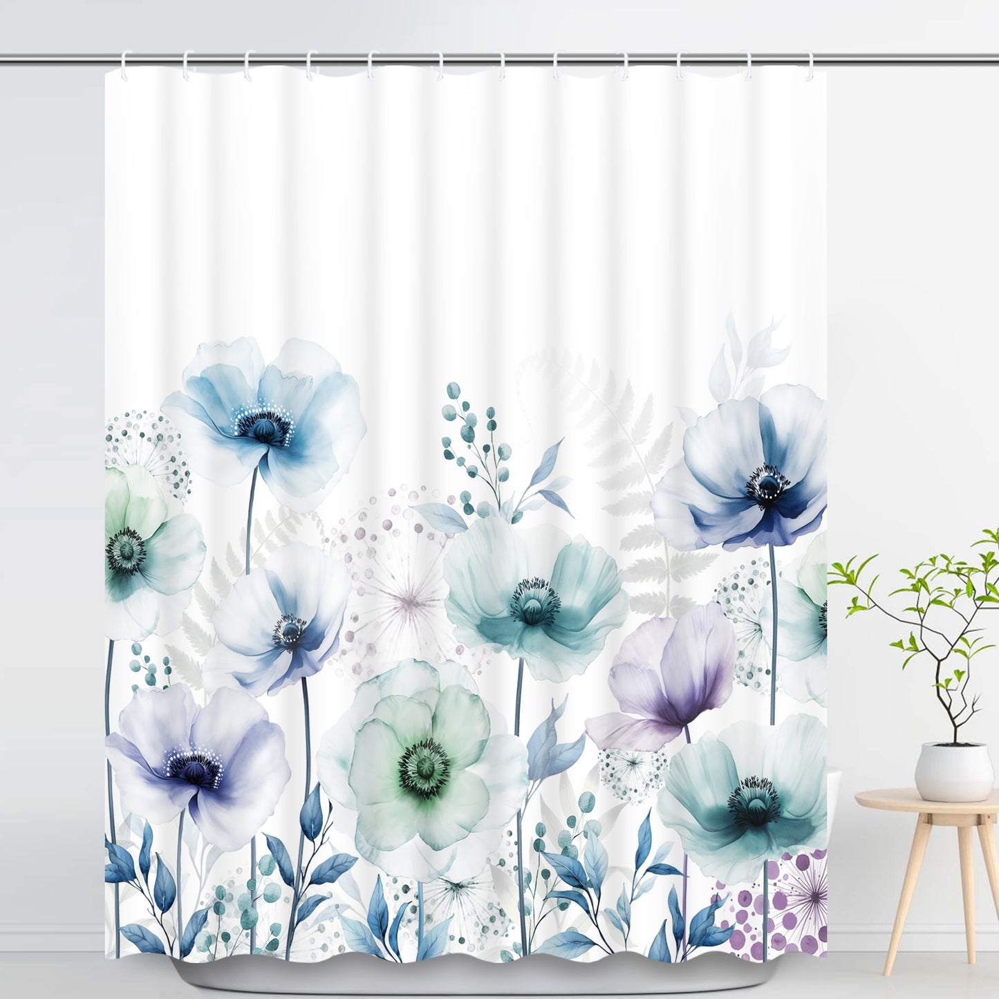 Ikfashoni Watercolor Flower Shower Curtain with Hooks,13pc Blue Waterproof Fabric Bathroom Curtain, 72"X72"