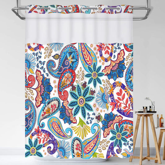 Ikfashoni Paisley Hookless Shower Curtain with Snap in Liner, Mesh Window White Boho Waterproof Fabric Bath Curtain, 71"X74"