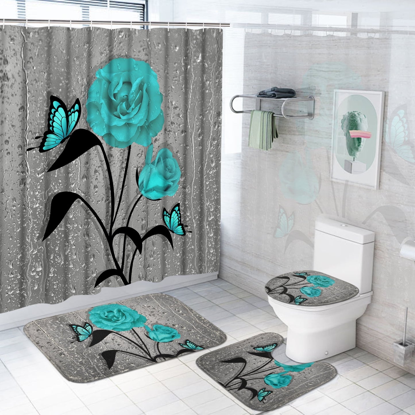 Ikfashoni Teal Gray Rose Bathroom Sets, Floral Butterfly Fabric Shower Curtains and Bath Rug Set