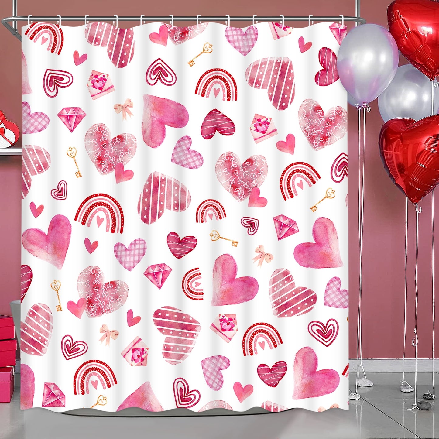 Ikfashoni Valentines Day Shower Curtain, Pink Heart Rainbow Gold Key Fabric Bathroom Curtains, 70"X69"