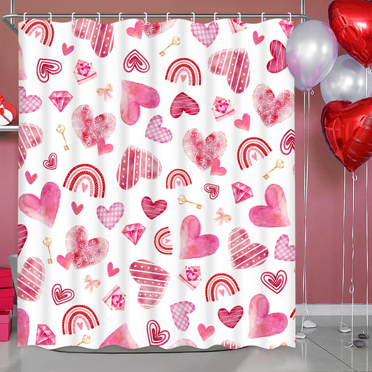 Ikfashoni Valentines Day Shower Curtain, Pink Heart Rainbow Gold Key Fabric Bathroom Curtains, 70"X69"