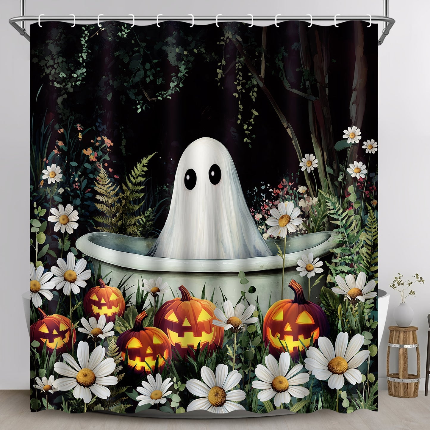Ikfashoni Halloween Shower Curtain with Hooks, Black Ghost Waterproof Bathroom Curtains, 72"X72"