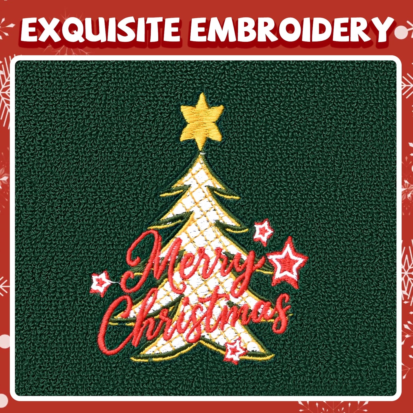 Ikfashoni 2 Pack Green Christmas Hand Towel, Embroidered Christmas Tree Red Scroll Cotton Towels