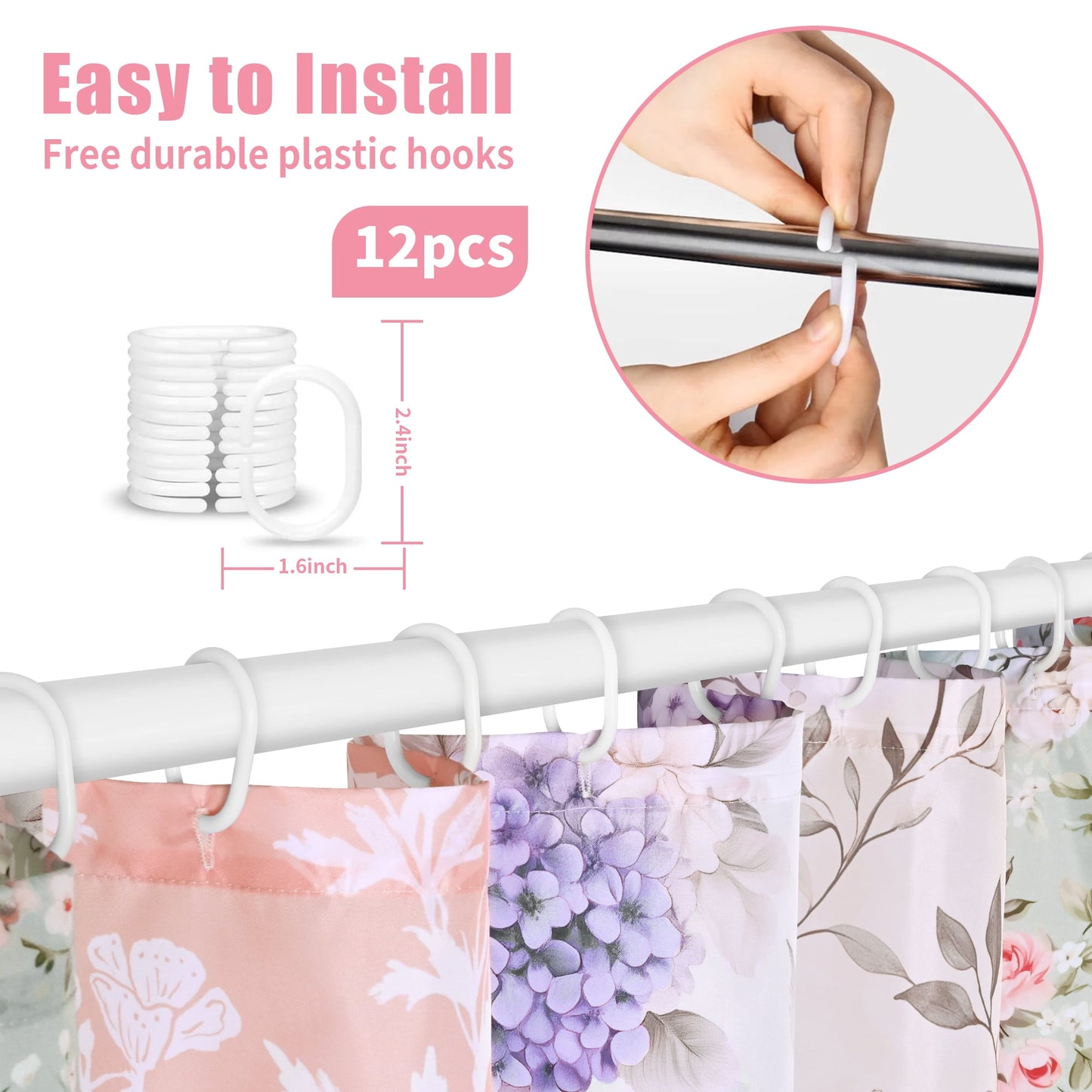 Ikfashoni Spring Flowers Shower Curtain with Hooks,13pcs Waterproof Fabric Bathroom Curtain, 72"X72"