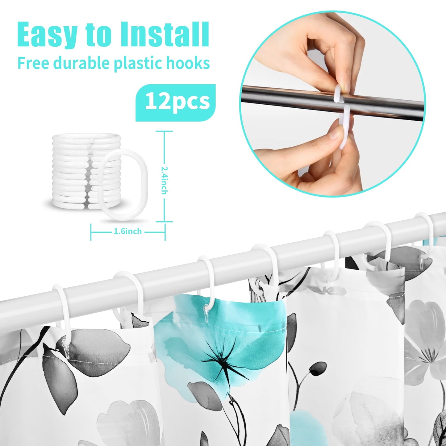 Ikfashoni Teal Flower Shower Curtain with Hooks,13pc Gray Waterproof Fabric Bathroom Curtain, 72"X72"