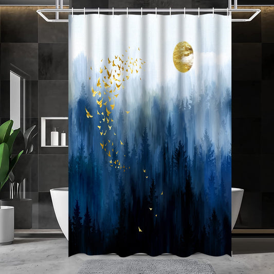 Ikfashoni Blue Misty Forest Shower Curtain, 13pc Ink Wash Waterproof Fabric Bathroom Sets with Hooks, 70"X69"