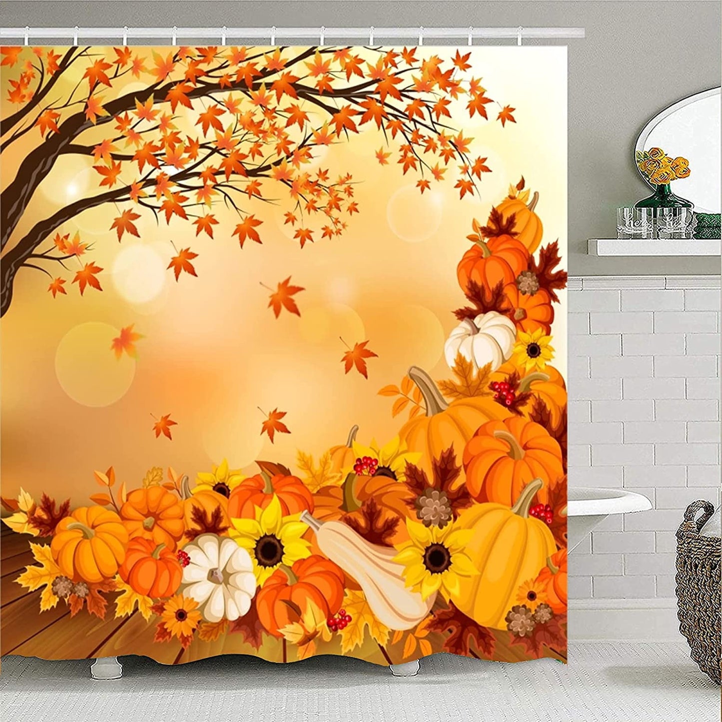 Ikfashoni Fall Shower Curtains, Thanksgiving  Maple Leaves Sunflower Pumpkin Waterproof Fabric Bath Curtain, 70"X69"