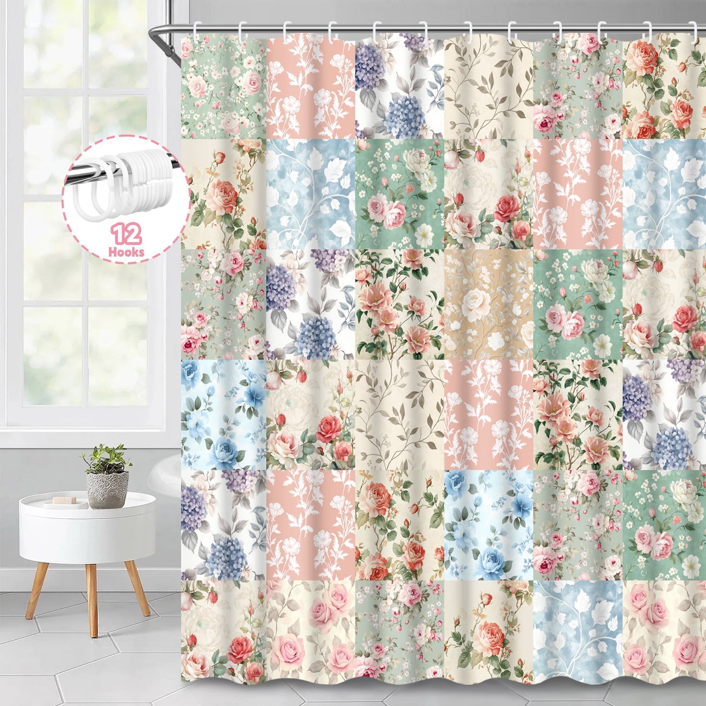Ikfashoni Spring Flowers Shower Curtain with Hooks,13pcs Waterproof Fabric Bathroom Curtain, 72"X72"