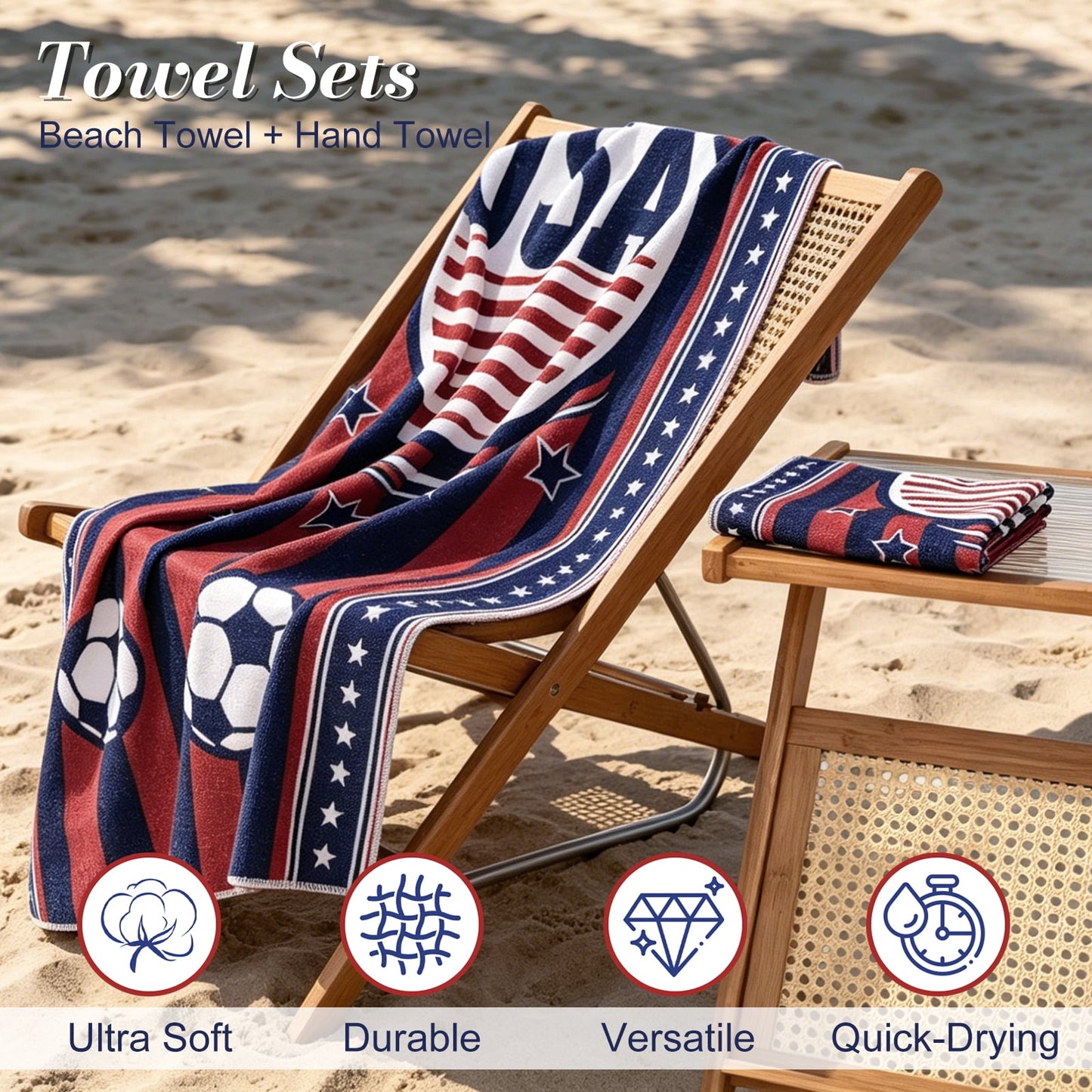 Ikfashoni American Flag Soccer Beach Towel & Hand Towel Set, Patriotic Soccer Pattern Soft Absorbent Towels