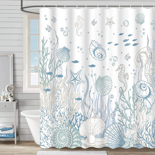 Ikfashoni Ocean Beach Shower Curtain, 13pc Blue White Nautical Coral Seashell Waterproof Bathroom Sets, 70"X69"