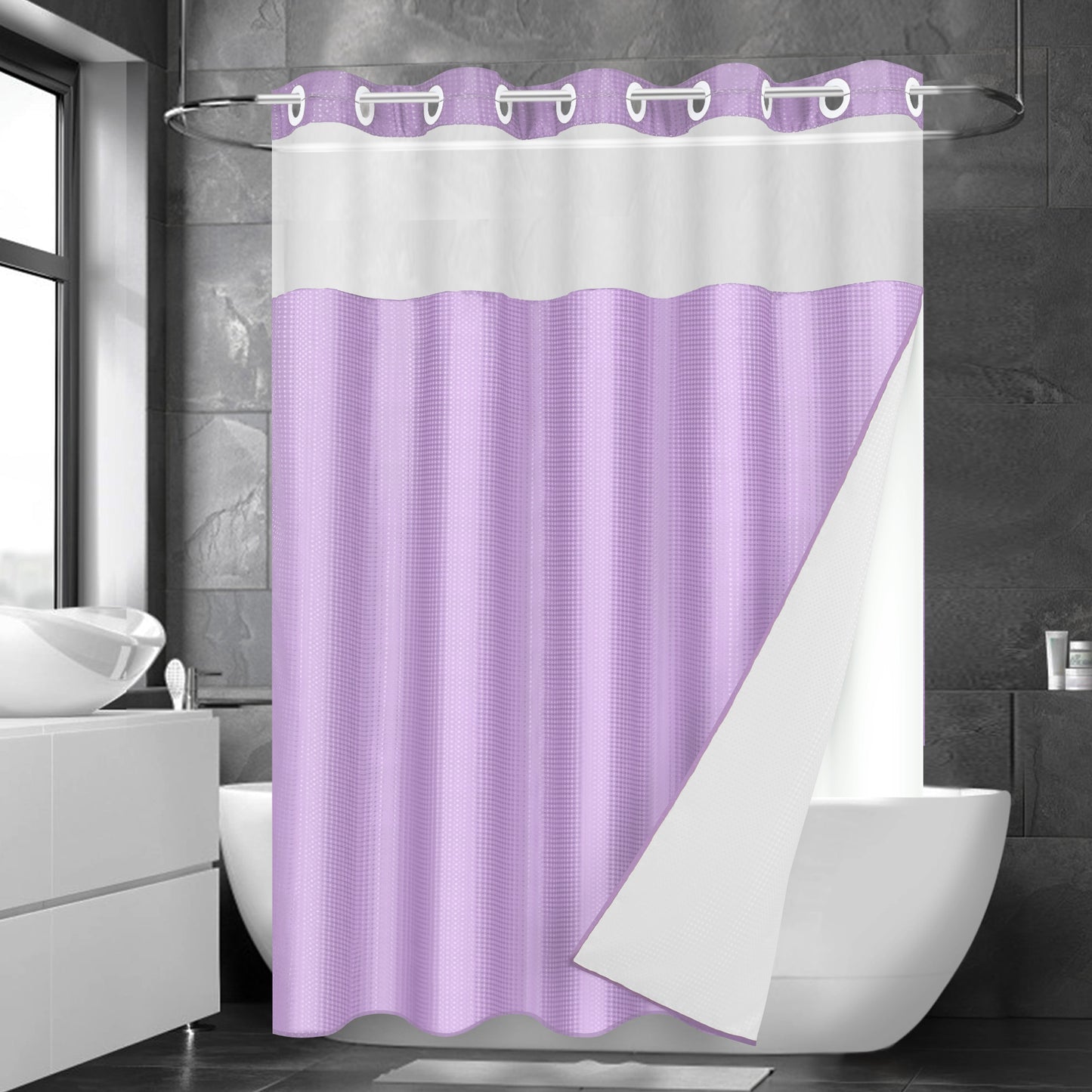 Ikfashoni Hookless Shower Curtain with Snap in Liner,Cream Waffle Weave Waterproof Fabric Mesh Window Bathroom Curtain,36"X74"