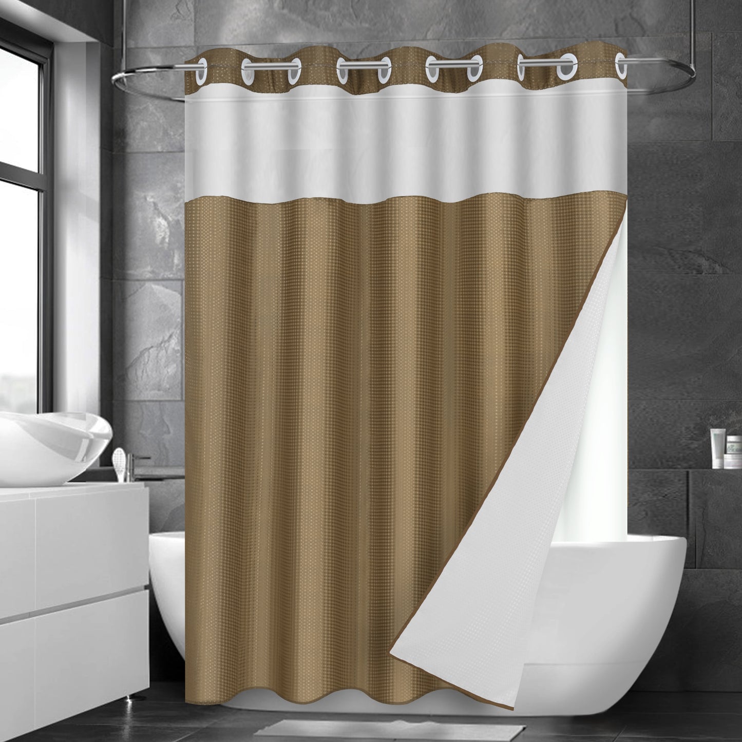 Ikfashoni Hookless Shower Curtain with Snap in Liner,Cream Waffle Weave Waterproof Fabric Mesh Window Bathroom Curtain,36"X74"