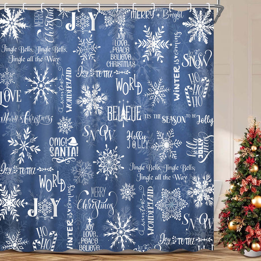 Ikfashoni 13pc Christmas Shower Curtain with Hooks, Blue Snowflake Xmas Bathroom Decor, 70"X69"